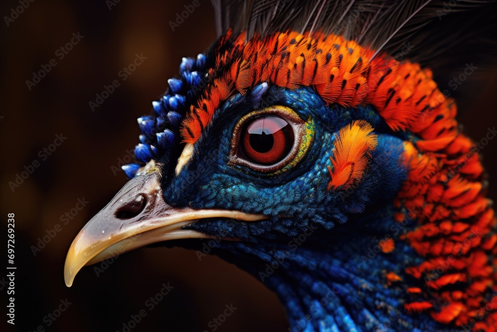 Poster colorful bird up close with a black background. suitable for various uses
