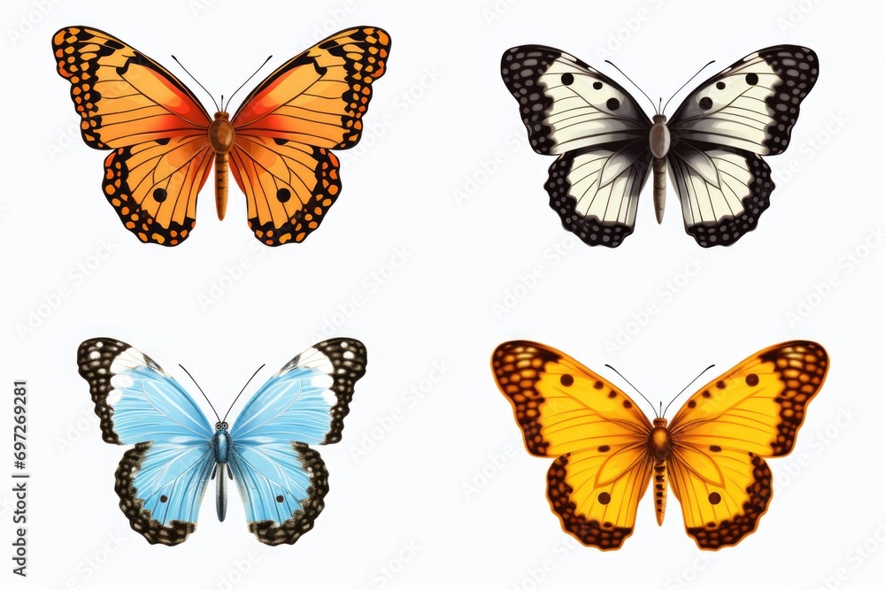 Poster four vibrant butterflies with different colors on a clean white background. suitable for various des