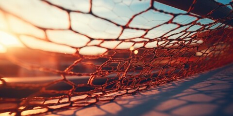A close-up view of a tennis net with the sun shining in the background. This image can be used to depict outdoor sports, summer activities, or a vibrant atmosphere