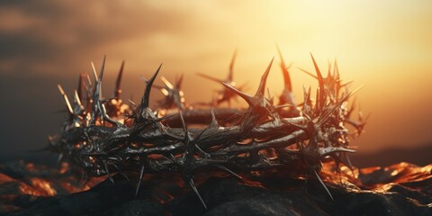 A crown of thorns sits atop a pile of rocks. This image can be used to represent suffering, sacrifice, or religious themes