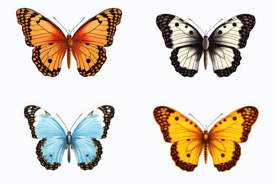 Four vibrant butterflies with different colors on a clean white background. Suitable for various design projects