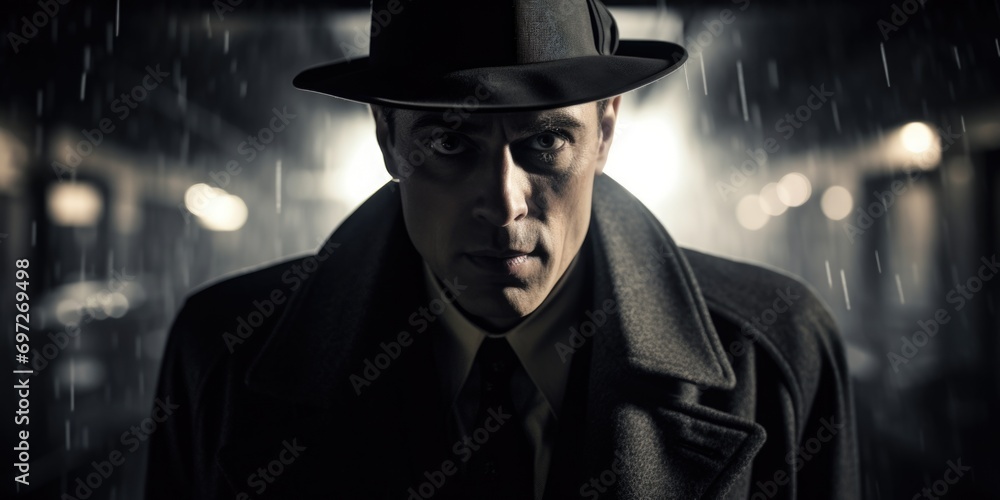 Poster a man wearing a hat and coat standing in the rain. suitable for weather-related themes and fashion c