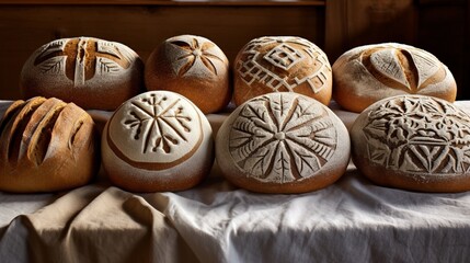 A striking arrangement of freshly baked bread loaves, each with a unique scoring pattern, resting on a flour-dusted artisanal cloth.