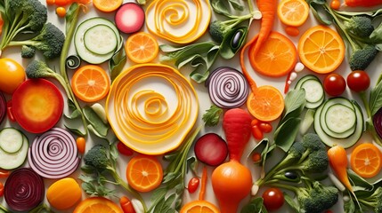 A striking composition of vibrant vegetable crudit?(C)s, arranged in an abstract pattern, showcasing their natural beauty. - obrazy, fototapety, plakaty