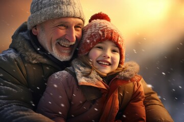 Obraz premium A heartwarming image of a man and a little girl standing together in the snow. Perfect for winter-themed projects and family-related concepts