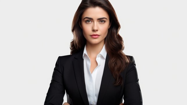 A woman in a business suit posing for a professional photo. Ideal for business-related projects