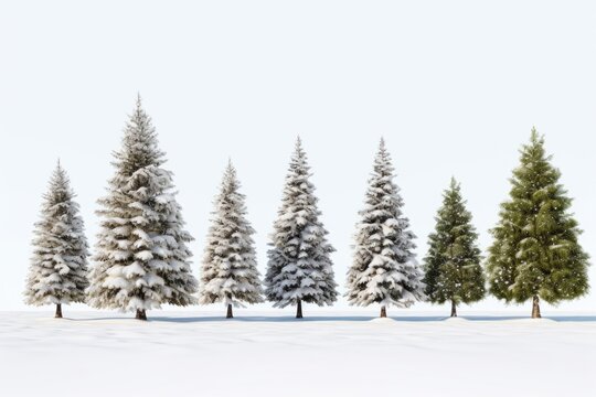 A serene image showcasing a row of snow-covered trees in a snowy landscape. Perfect for winter-themed designs and nature-related projects