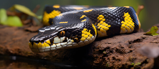 Coiled snake with black and yellow scales on a rock