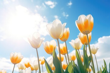 A beautiful field of white and orange tulips under a clear blue sky. Perfect for springtime themes and floral designs