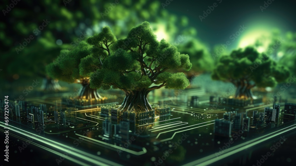 Poster A group of trees located on top of a circuit. This image can be used to depict the coexistence of nature and technology