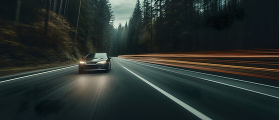 Car speeding on forest road with motion blur - obrazy, fototapety, plakaty