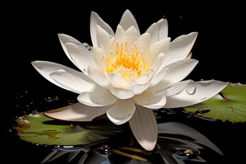 A beautiful white water lily sitting gracefully on top of a peaceful pond. Perfect for nature and floral themes