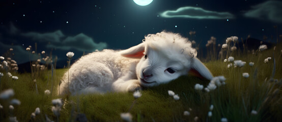 Obraz na płótnie Canvas Lamb resting in a moonlit field