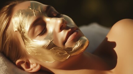 A woman wearing a gold mask on her face. Perfect for fashion editorials and masquerade-themed designs - obrazy, fototapety, plakaty