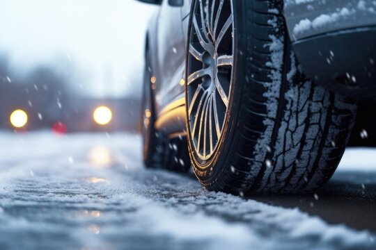 A close up view of a car driving on a snowy road. This image can be used to depict winter driving conditions or a snowy landscape