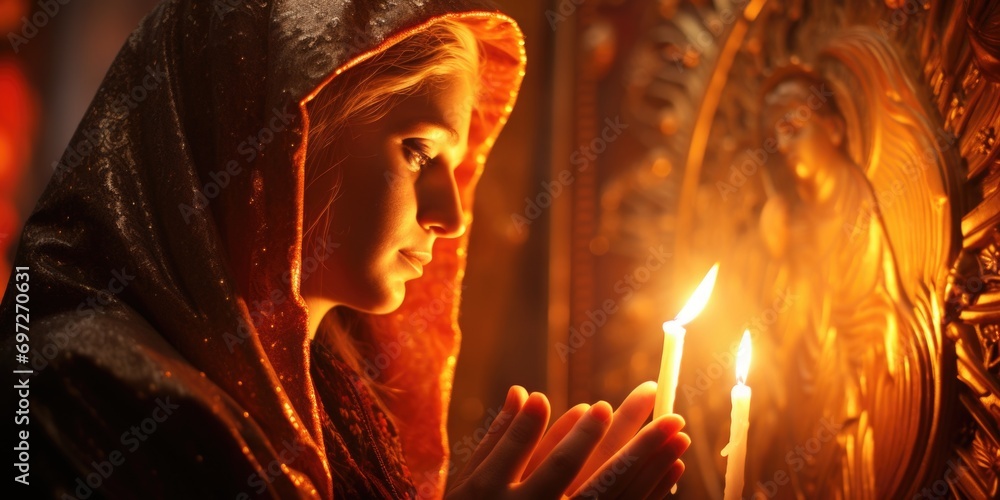 Aufkleber A woman holds a lit candle in front of a mirror. This image can be used to create a mysterious or introspective atmosphere