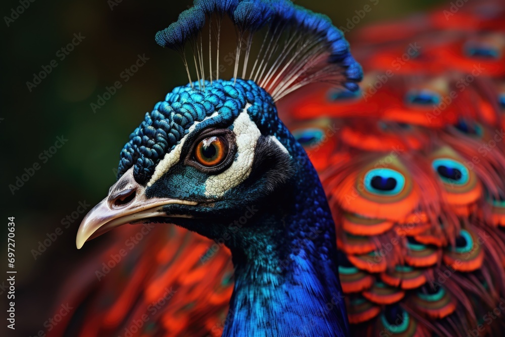 Poster A detailed view of a peacock's head with its vibrant and colorful feathers. Perfect for nature enthusiasts or for adding a touch of elegance to any project