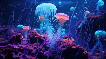 A group of jellyfish gracefully swimming in an aquarium. Perfect for adding a touch of tranquility and beauty to any aquatic-themed project - obrazy, fototapety, plakaty
