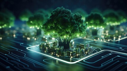 A tree standing tall on top of a circuit board. Perfect for illustrating the connection between nature and technology - obrazy, fototapety, plakaty