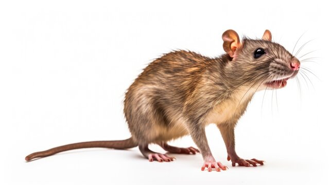 A brown rat standing on a white surface. Can be used to depict rodents, pests, or laboratory experiments