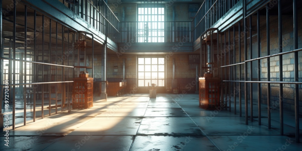 Poster An empty jail cell block with multiple windows. Suitable for crime-related themes and concepts