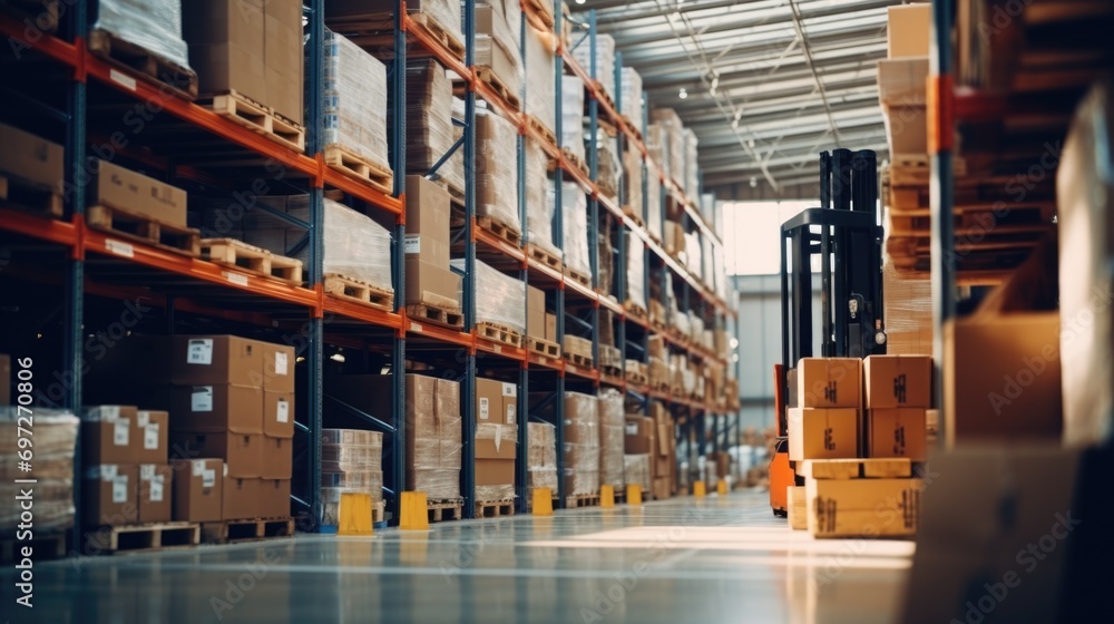Poster A large warehouse filled with numerous boxes. Versatile image suitable for various uses