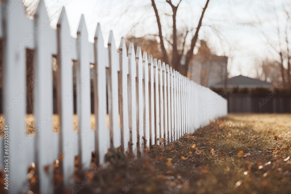 Poster A picture of a white fence in a grassy area with trees in the background. Perfect for adding a touch of nature to your designs