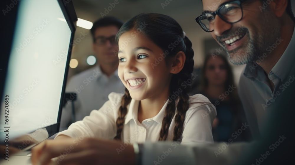 Poster a man and a little girl are focused on a computer screen. this image can be used to depict technolog