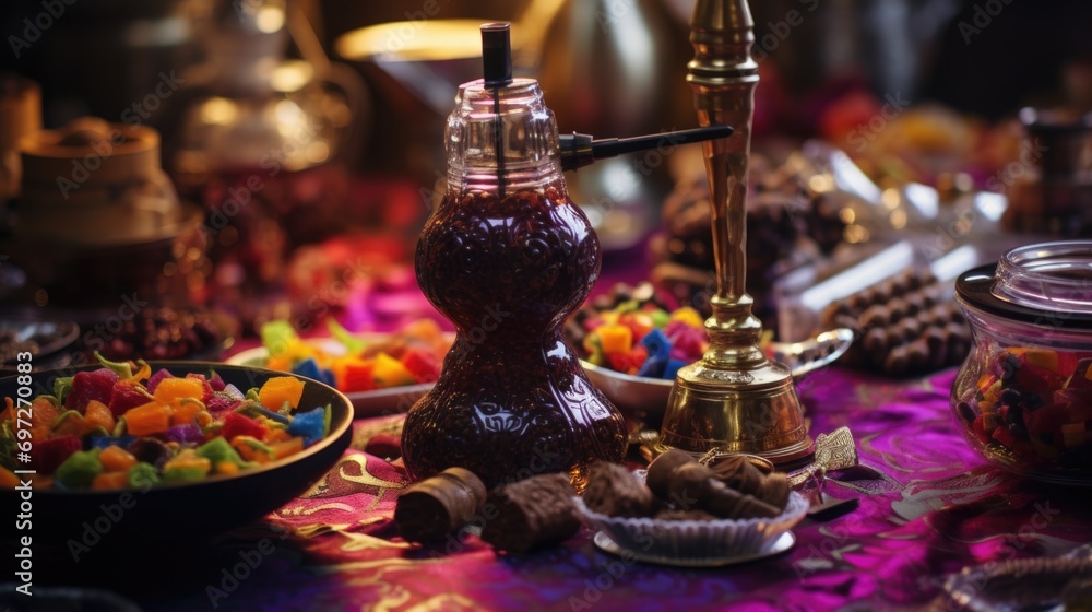 Poster a table filled with various types of candies. perfect for sweet treats and dessert themes