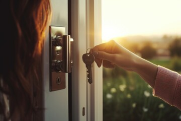 A woman is pictured opening a door with a key in her hand. This image can be used to represent concepts such as security, access, home ownership, or opportunity - obrazy, fototapety, plakaty