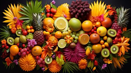 Naklejka na ściany i meble A visually stunning assortment of tropical fruits, skillfully arranged to create a vibrant mosaic of colors and shapes.