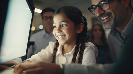 A man and a little girl are focused on a computer screen. This image can be used to depict technology, learning, or family bonding