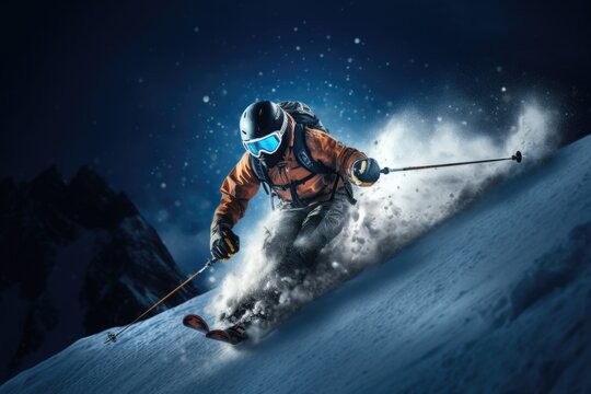 A man is skiing down a snow-covered slope. This image can be used to depict winter sports and outdoor activities