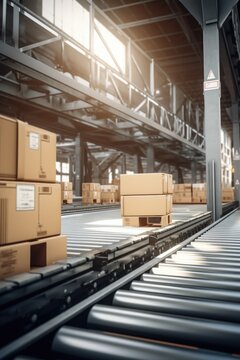 A conveyor belt in a warehouse filled with boxes. Ideal for illustrating logistics, supply chain management, or industrial processes