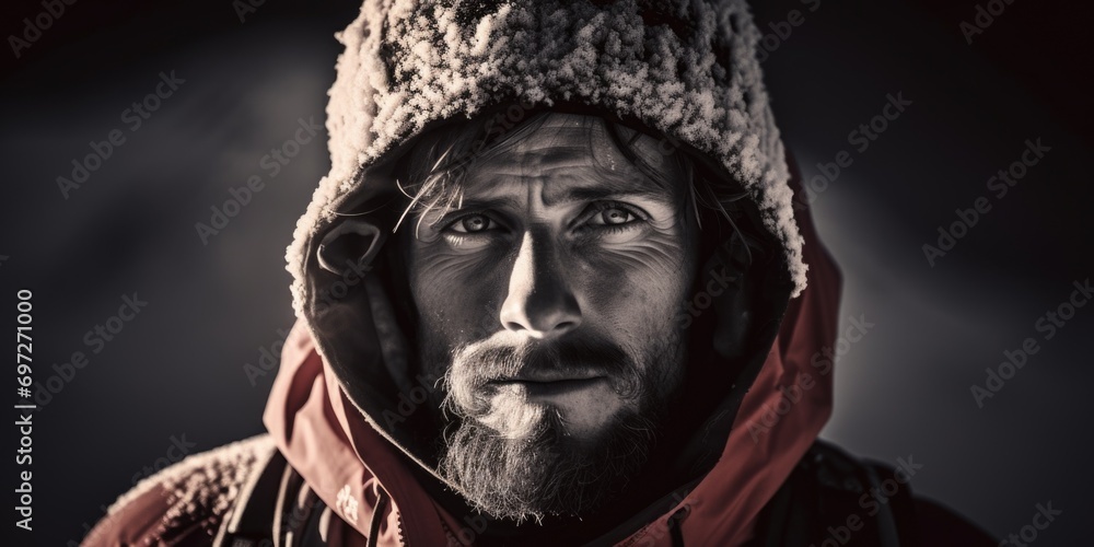Poster a picture of a man with a beard wearing a hat and jacket. suitable for various uses