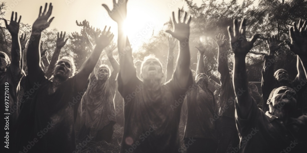 Poster a picture capturing a group of people with their hands raised in the air. suitable for illustrating 