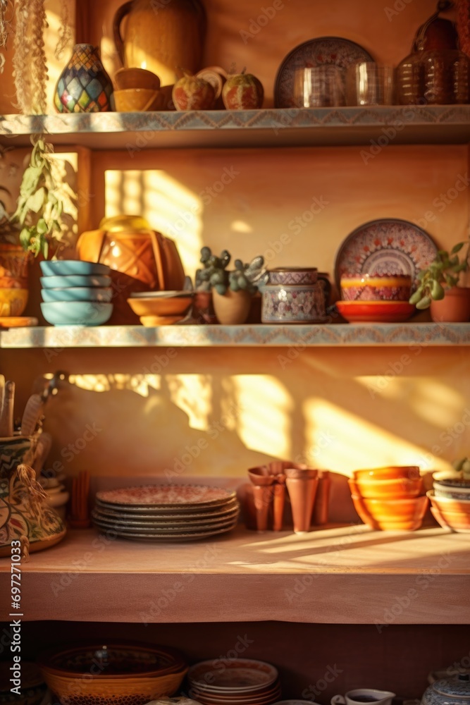Poster a collection of various types of pottery showcased on a shelf. ideal for interior design projects or