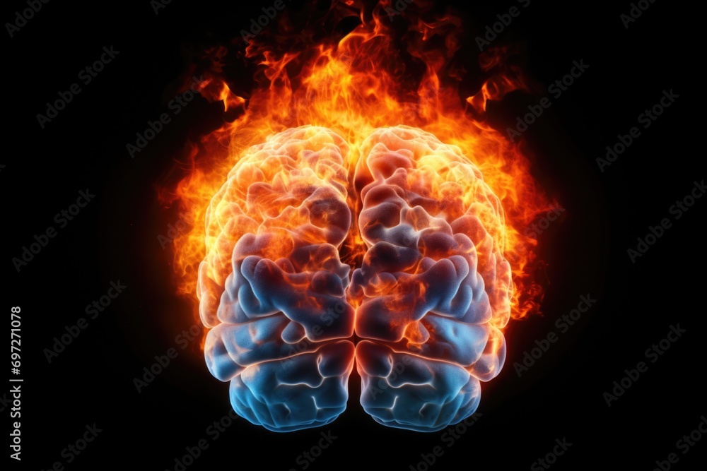 Poster A picture of a burning brain on a black background. This image can be used to represent concepts such as creativity, intelligence, or mental health
