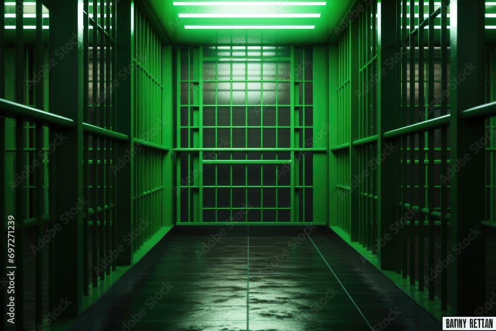 Poster a jail cell with a green light in the middle. suitable for crime and justice concepts