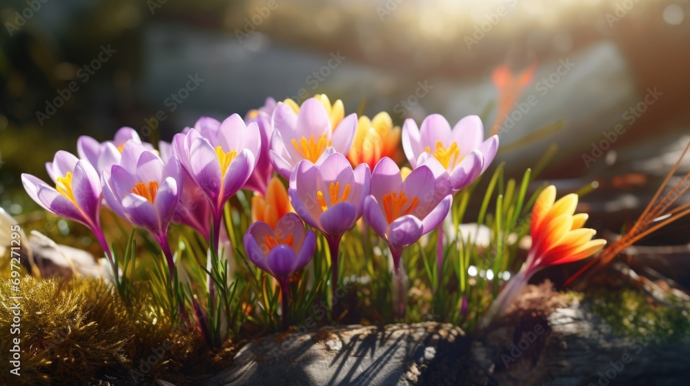 Poster colorful flowers blooming on a rocky surface. can be used to add a touch of nature and vibrancy to v