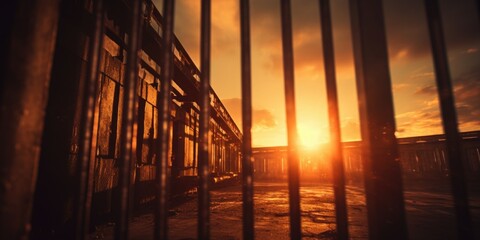 Sun setting behind a metal fence. Can be used to depict the end of the day or the beauty of nature.