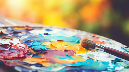 Fototapeta premium palette with strokes of multi-colored paints and a brush on the palette mixed with many pleasant colors