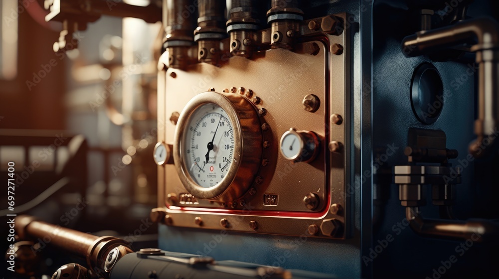 Poster A detailed view of a clock on a machine. This image can be used to symbolize precision, efficiency, and time management in various industries