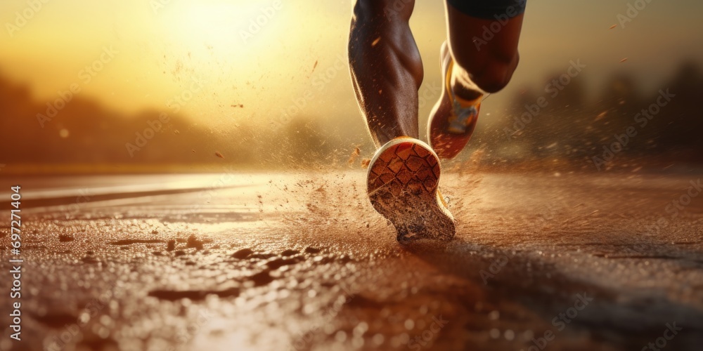 Poster a person is seen running on a wet road during a beautiful sunset. this image can be used to depict f