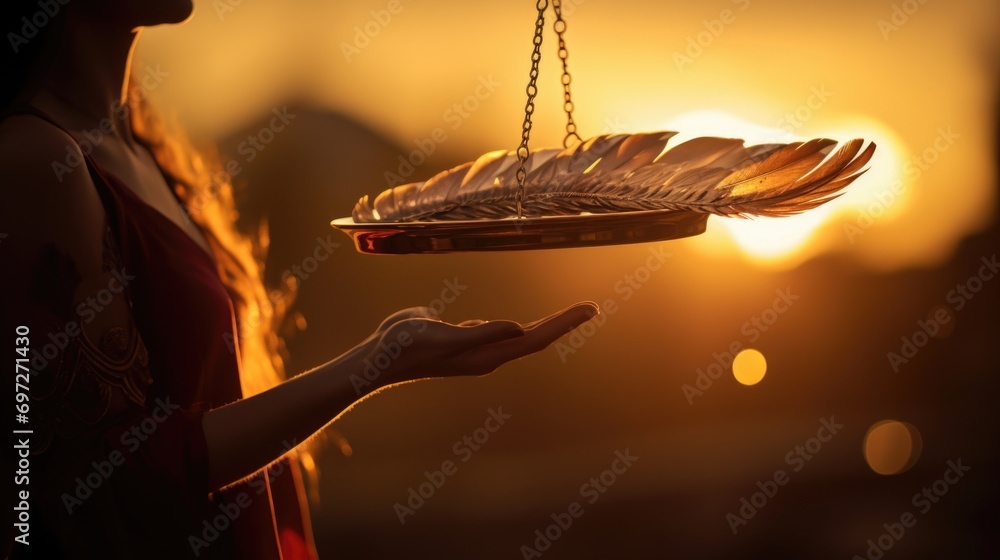 Aufkleber A woman holds a plate with a feather on it. This versatile image can be used in various contexts