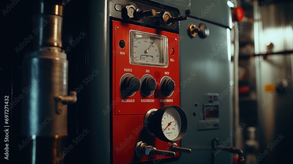 Poster A close up of a control panel with gauges. This image can be used to depict technology, monitoring, or industrial processes