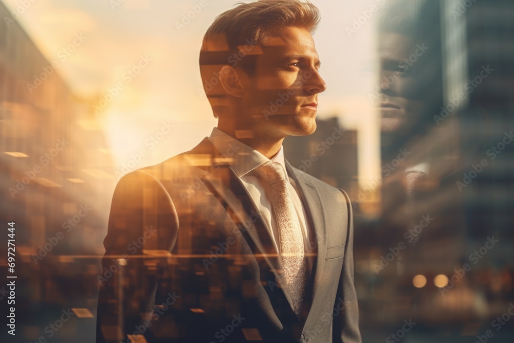Poster a man in a suit and tie standing in front of a window. suitable for business and office-related them