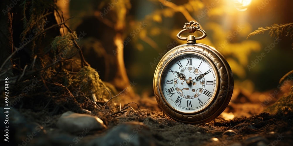 Aufkleber a pocket watch placed in the center of a serene forest. suitable for time-related concepts and natur