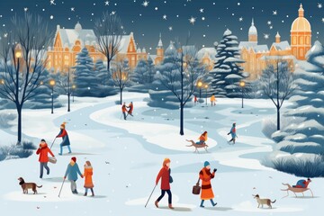 A group of people walking together in a snow-covered park. Perfect for winter activities and outdoor scenes
