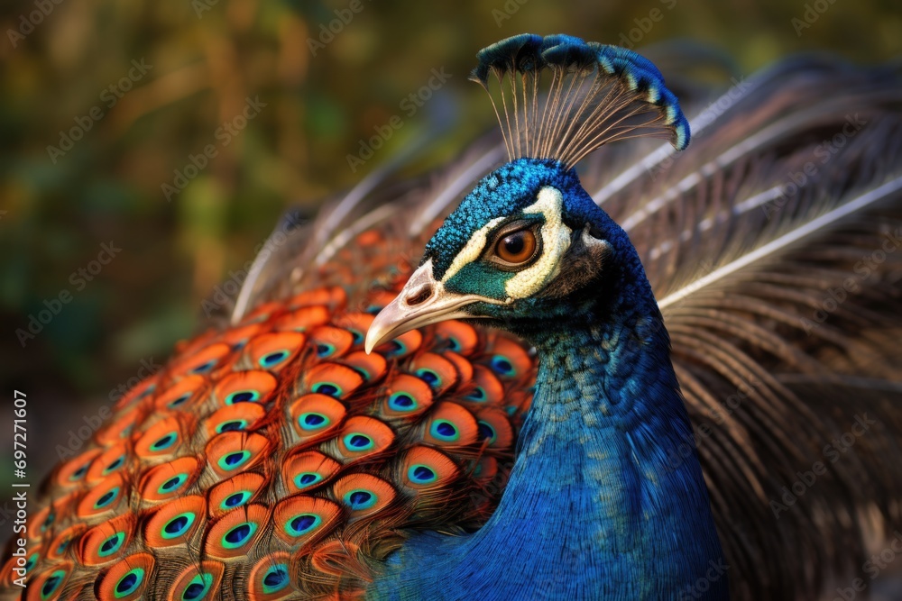 Poster A close-up view of vibrant peacock feathers, showcasing their intricate patterns and beautiful colors. Perfect for nature enthusiasts and designers looking for inspiration